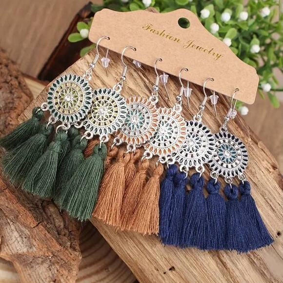 3 Pairs Boho Tassel Fringe Pendant‎ Earrings Green Blue Golden Brown Orange - Picture 1 of 8